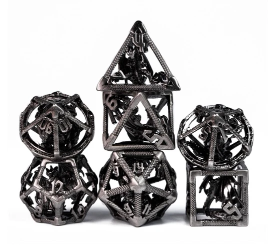 Retro Hollow Metal DND Silver Look Dice Set (Dragon)