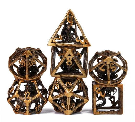 Retro Hollow Metal DND Gold Look Dice Set (Dragon)